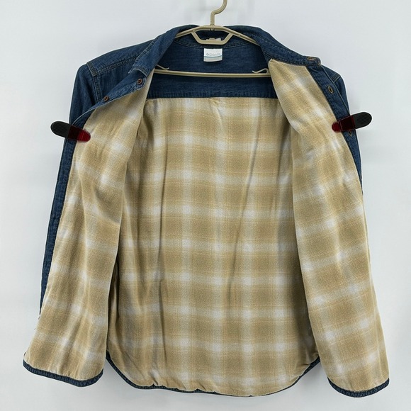 Columbia Men's Large Regular Fit Denim Shirt Plaid Flannel Lined Long Sleeve - Picture 4 of 11